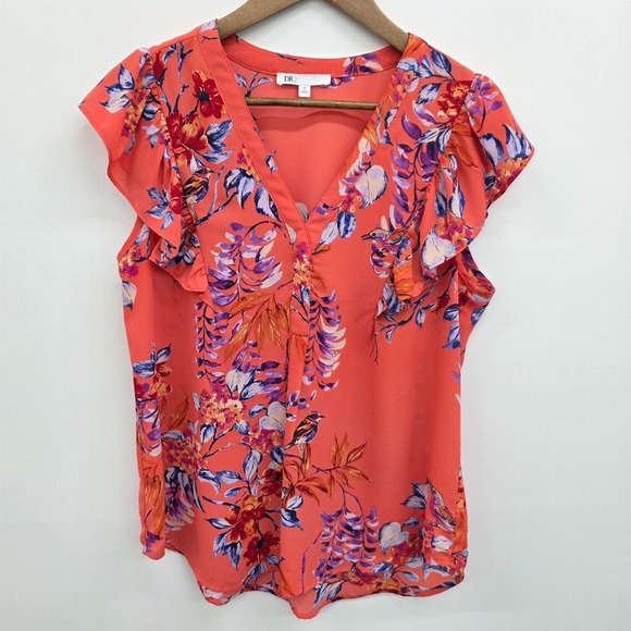 Womens M Coral Floral Ruffle Sleeve Blouse V-Neck Lightweight Boho‎ Top - Picture 3 of 13